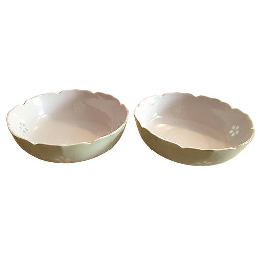 Antique Pastel Green Japanese Rice Bowls - Scalloped Edge, Set of 2