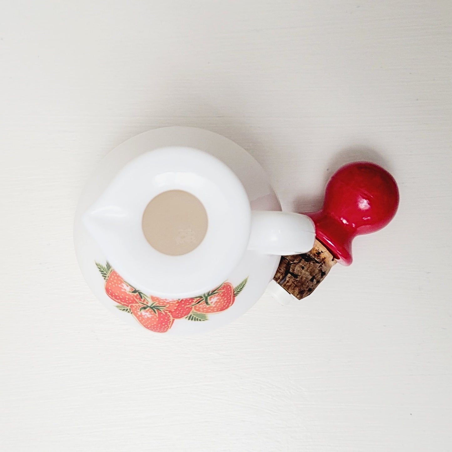 Vintage Avon Strawberries and Cream Milk Glass Mini Pitcher w/Red Lid - 1970s