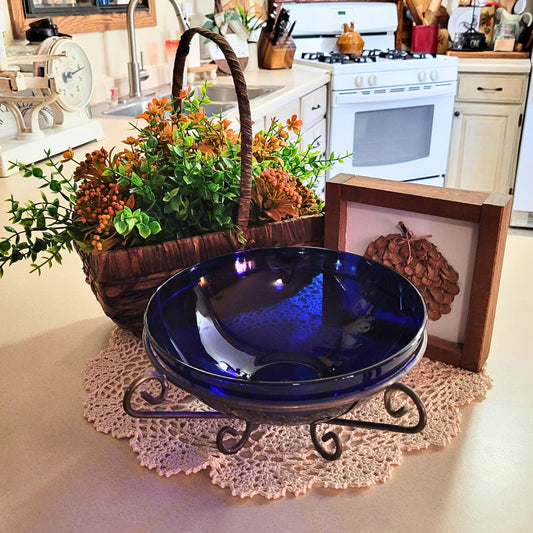 Colbalt Blue Glass Bowl with Metal Stand