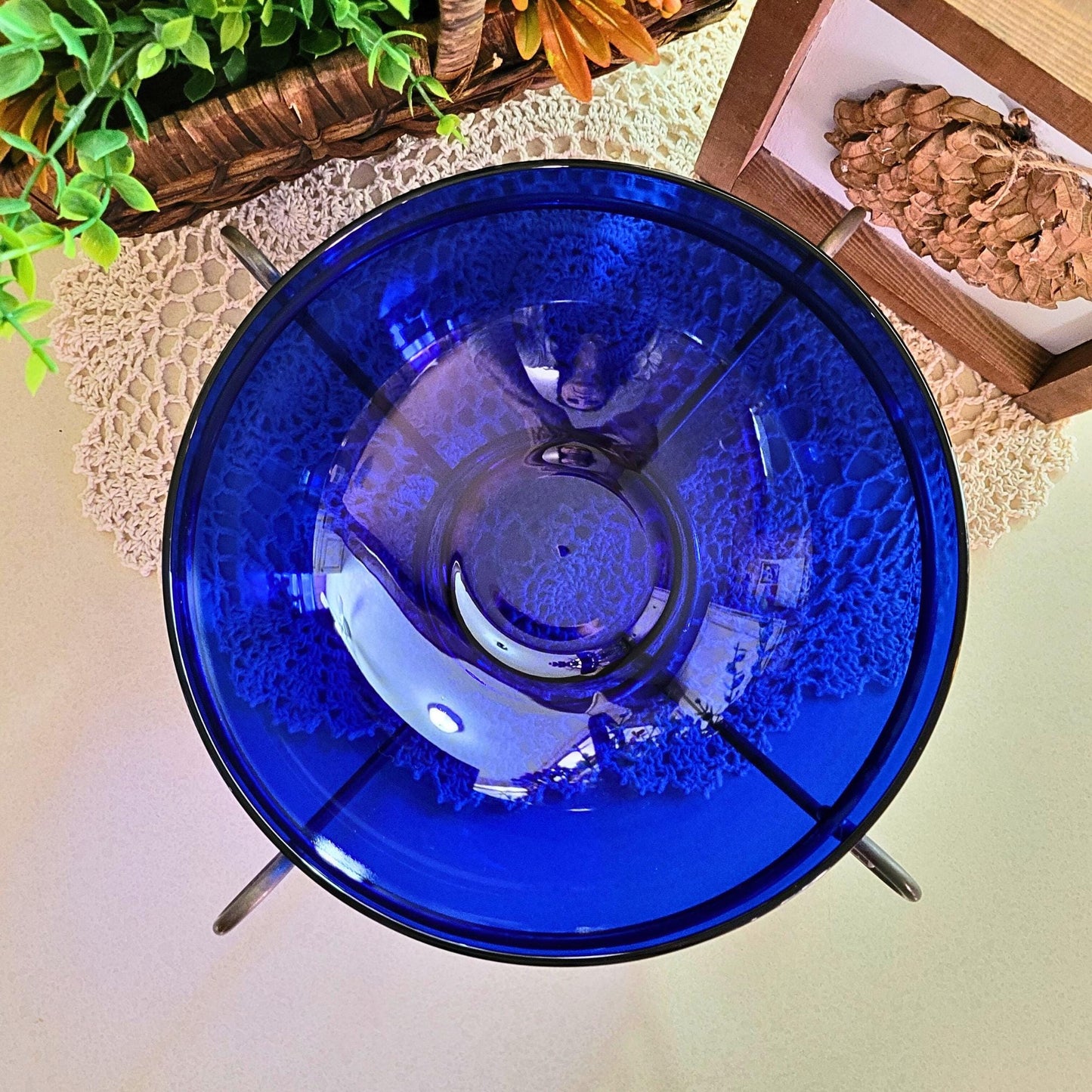 Colbalt Blue Glass Bowl with Metal Stand