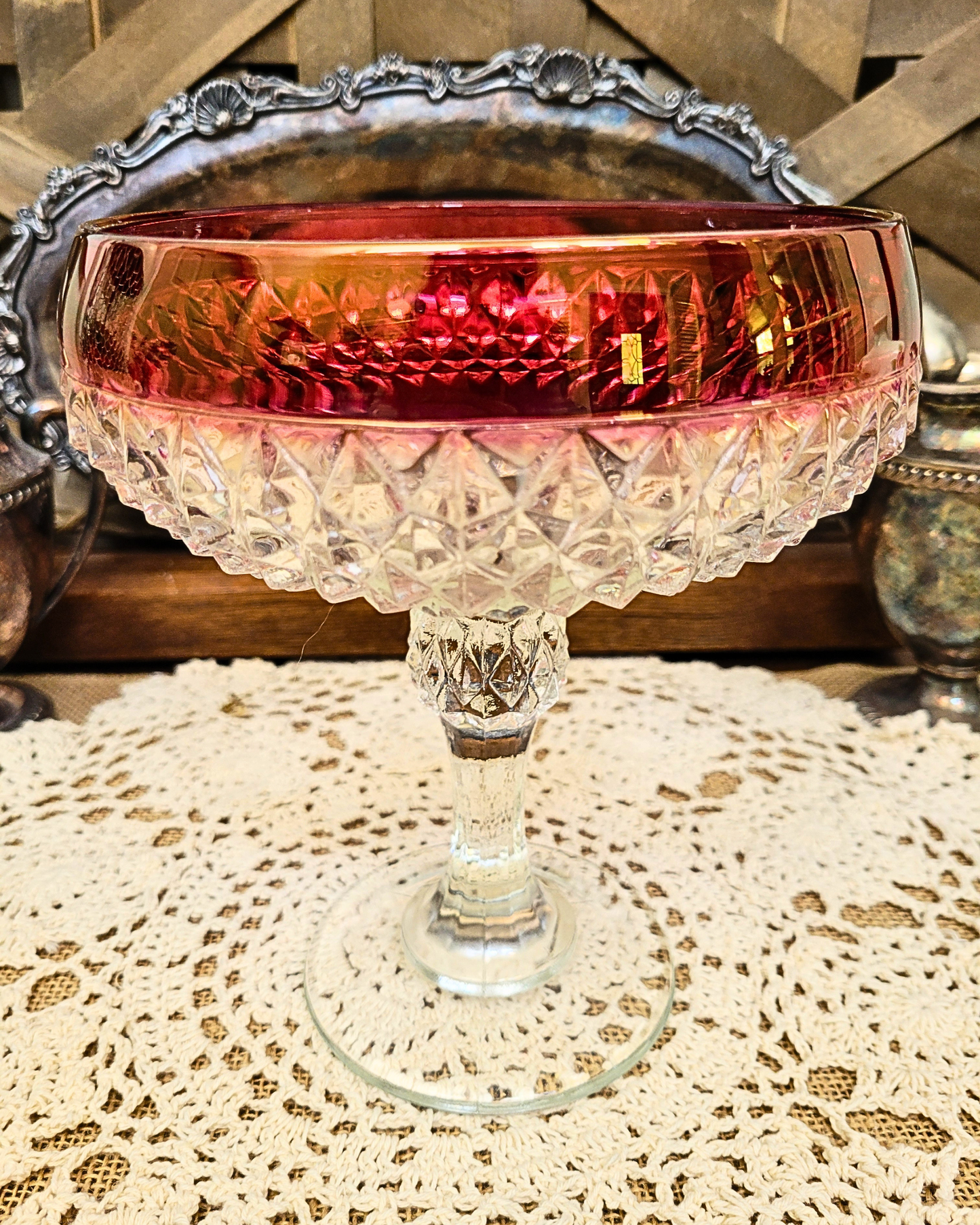 Vintage Indiana Glass Diamond Cut Pedestal Candy Dish with a Ruby Band