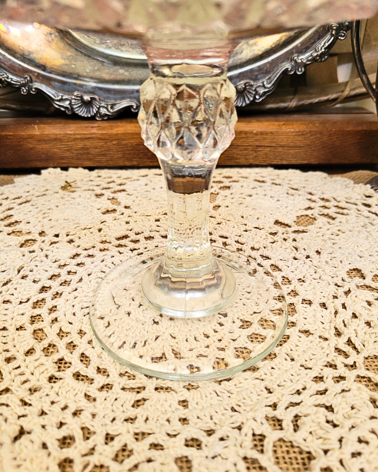 Vintage Indiana Glass Diamond Cut Pedestal Candy Dish with a Ruby Band