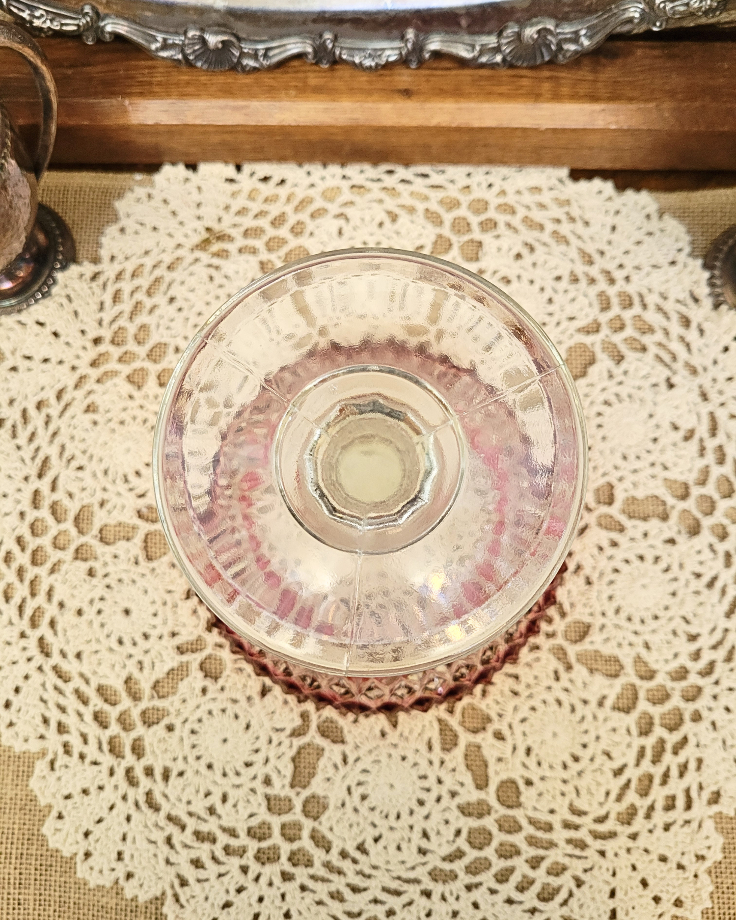 Vintage Indiana Glass Diamond Cut Pedestal Candy Dish with a Ruby Band