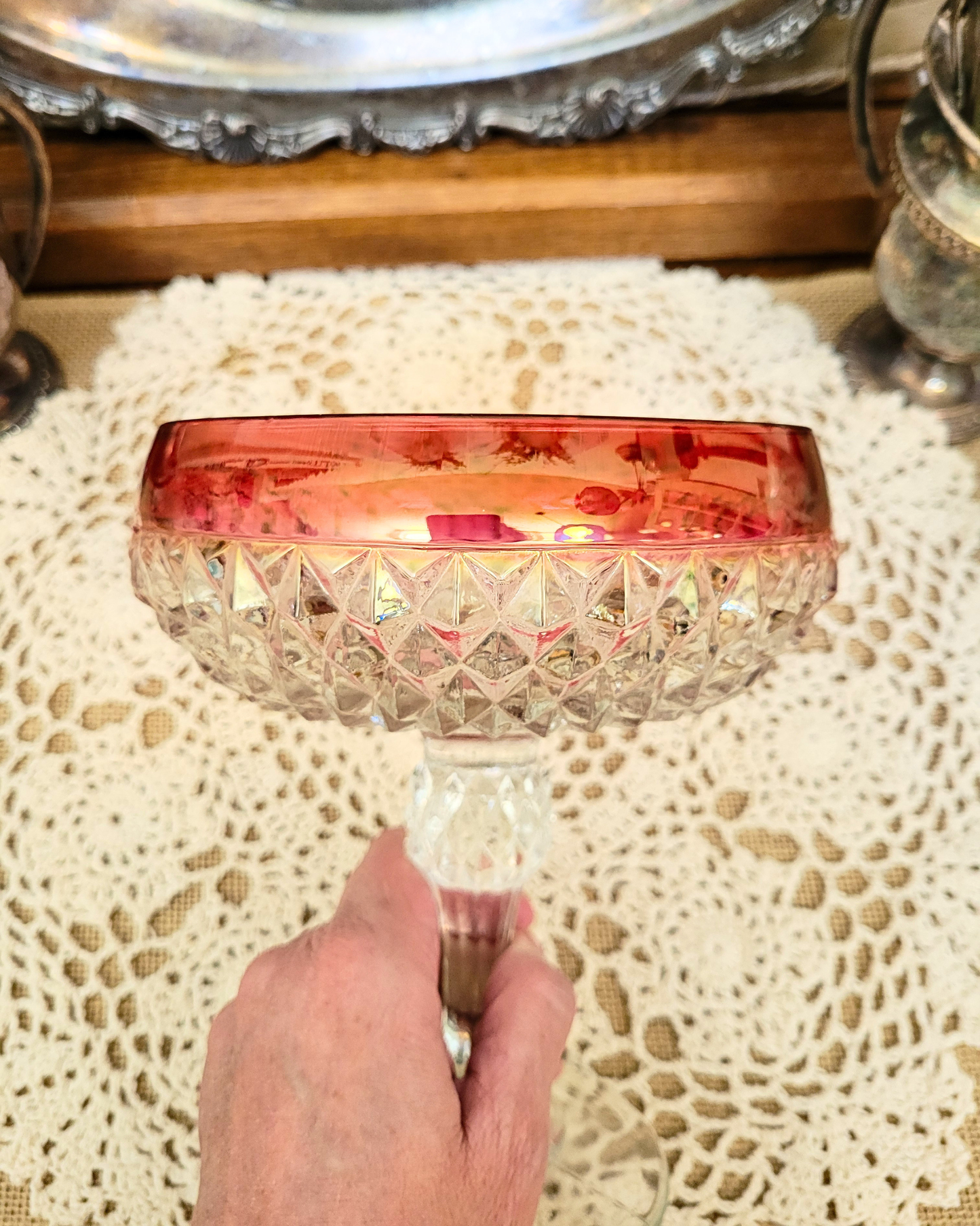 Vintage Indiana Glass Diamond Cut Pedestal Candy Dish with a Ruby Band
