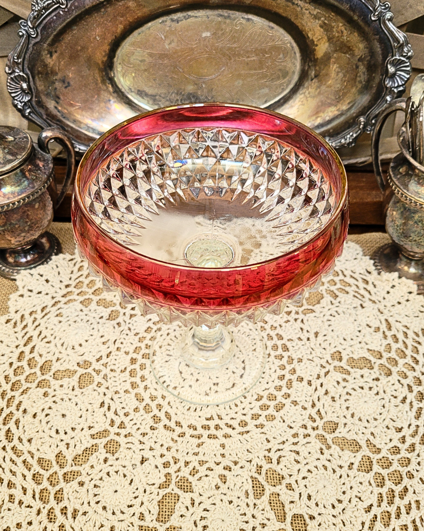 Vintage Indiana Glass Diamond Cut Pedestal Candy Dish with a Ruby Band