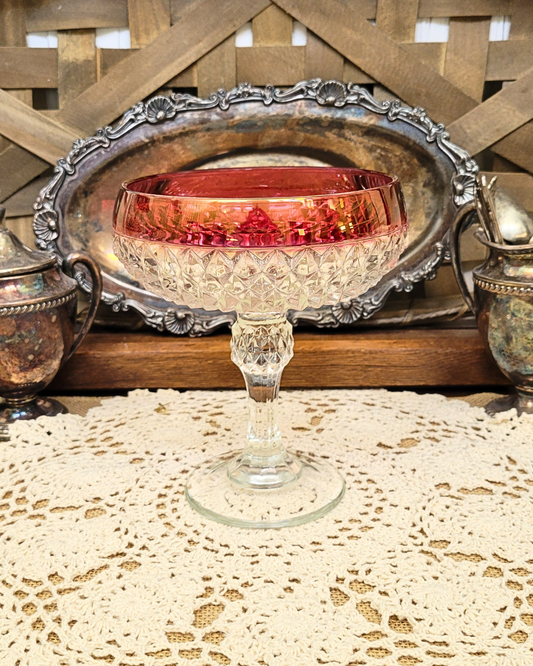 Vintage Indiana Glass Diamond Cut Pedestal Candy Dish with a Ruby Red Band