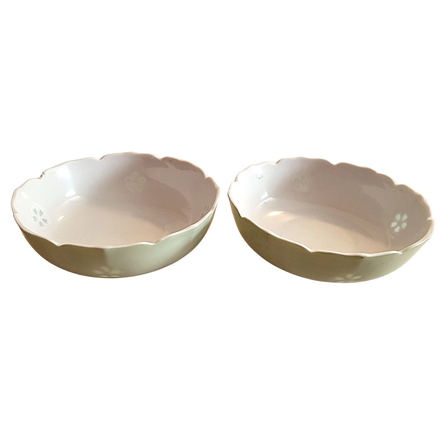 Antique Pastel Green Japanese Rice Bowls - Scalloped Edge, Set of 2