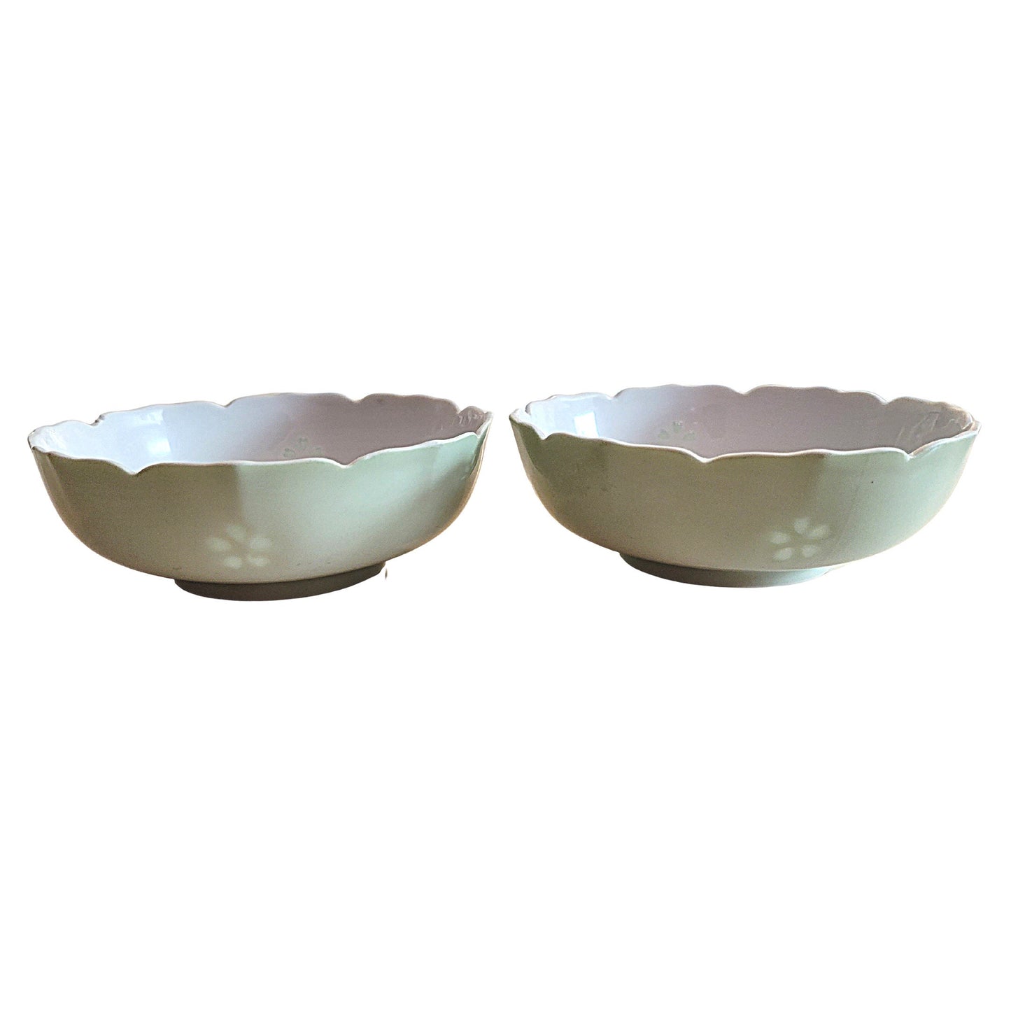 Antique Pastel Green Japanese Rice Bowls - Scalloped Edge, Set of 2