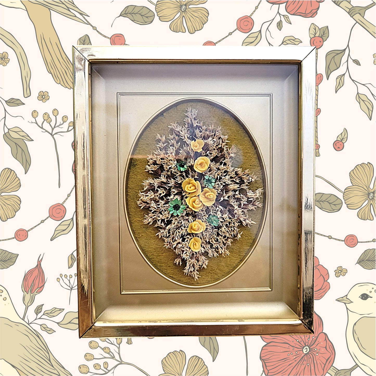 Set of 2 - Vintage Gold Framed Natural Dried Flower Bouquet - Stauffer's Small Wall Hangings