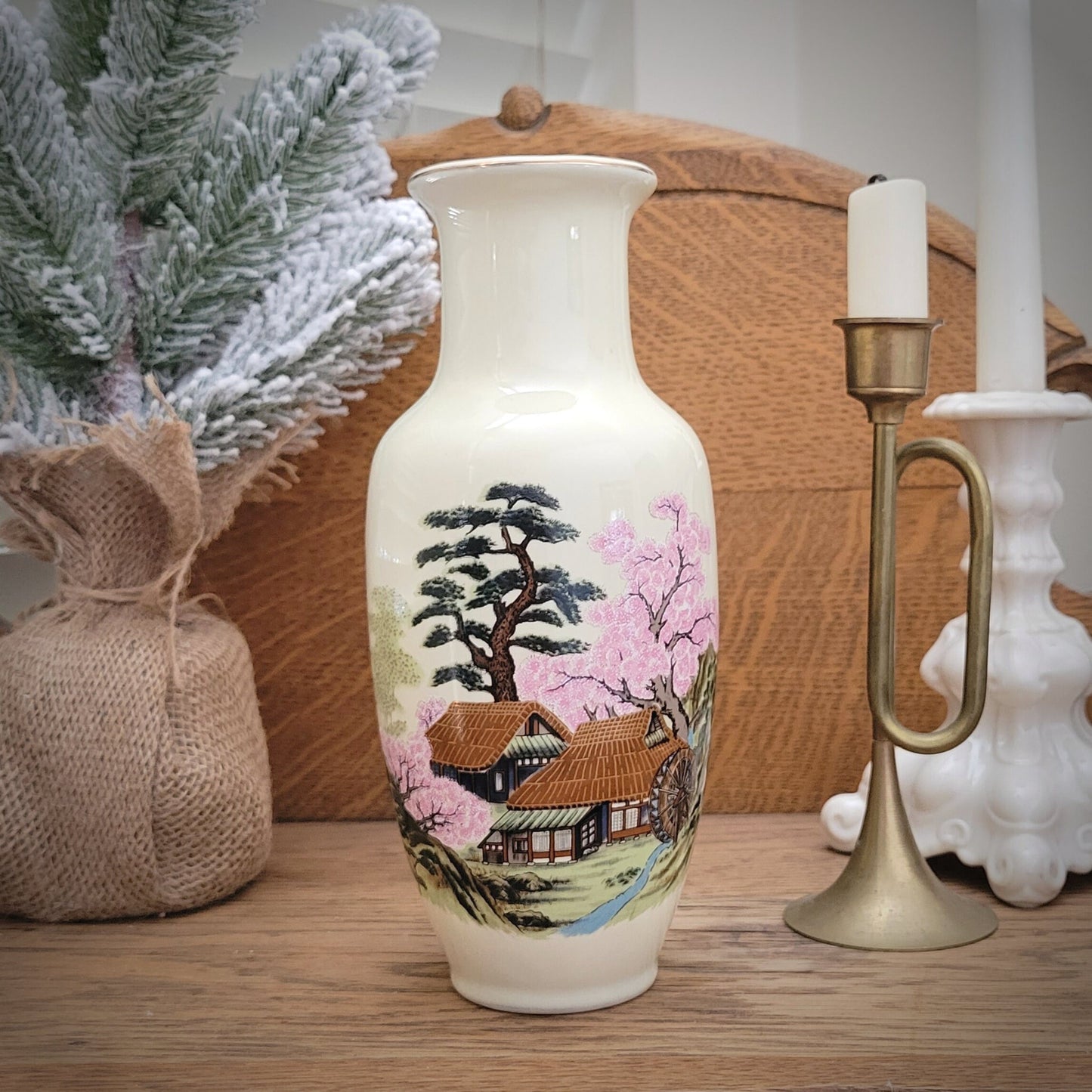 Vintage Japanese Porcelain Vase: Minka & Cherry Blossom Tree
