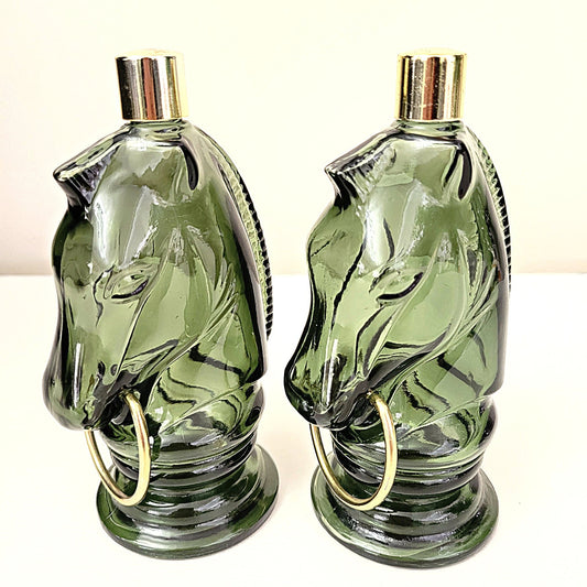 Vintage 1970s Avon Horse Head Bottles: Green Glass Decor (Set of 2)