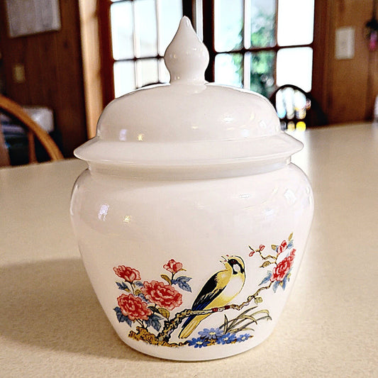 White Avon Milk Glass Ginger Jar w/Lid - Bird & Flowers Design