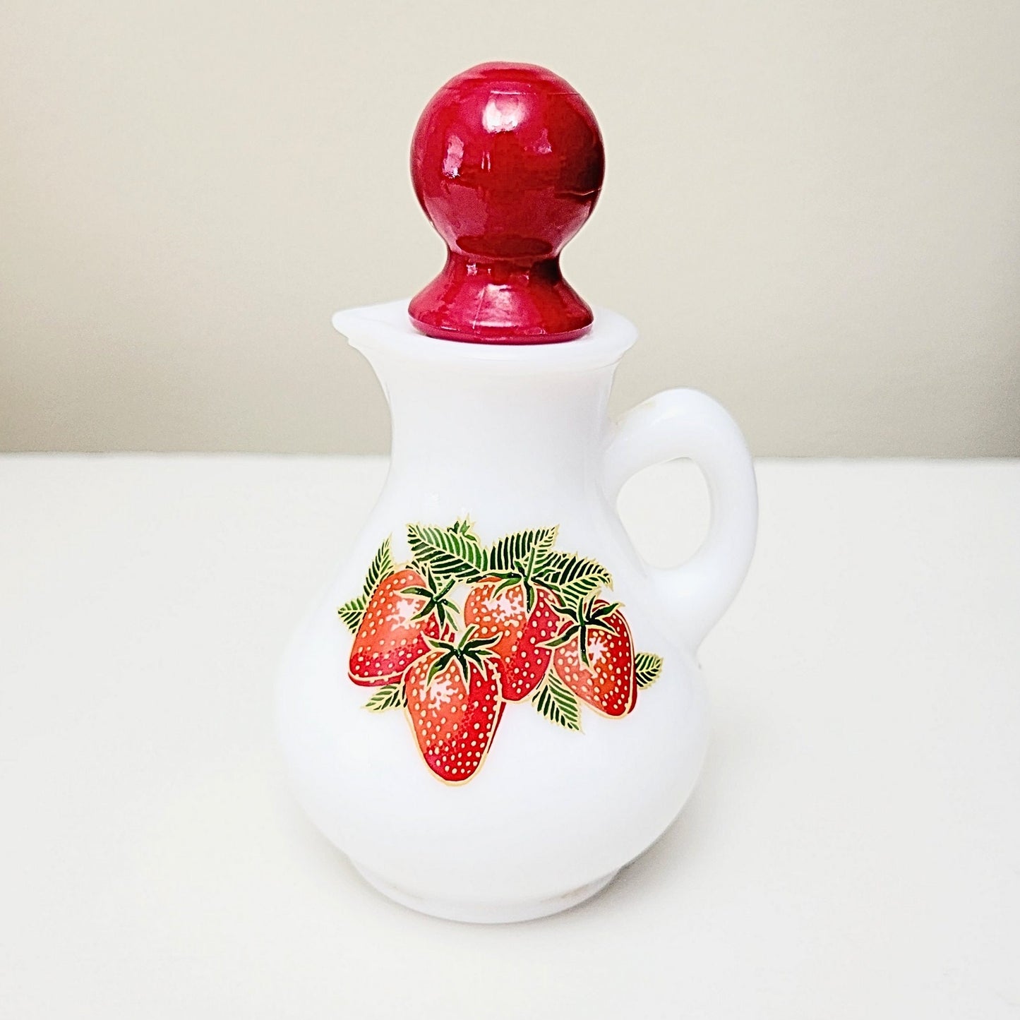 Vintage Avon Strawberries and Cream Milk Glass Mini Pitcher w/Red Lid - 1970s