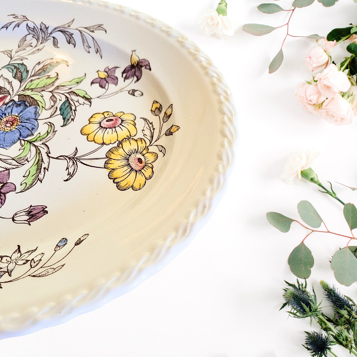 13" Hand Painted Vernon Kilns Oval Platter - MAY FLOWER - Made in USA - Pottery