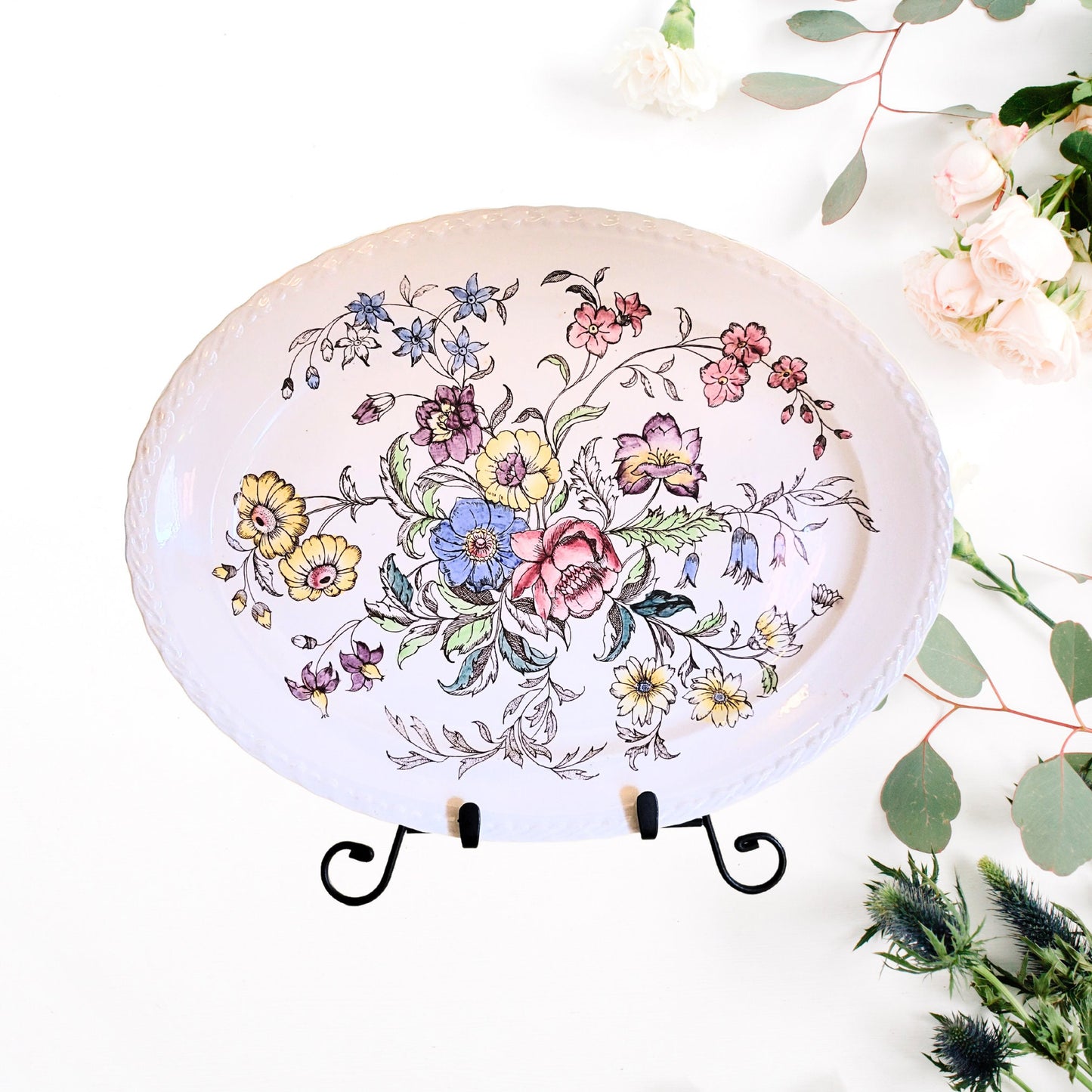 13" Hand Painted Vernon Kilns Oval Platter - MAY FLOWER - Made in USA - Pottery