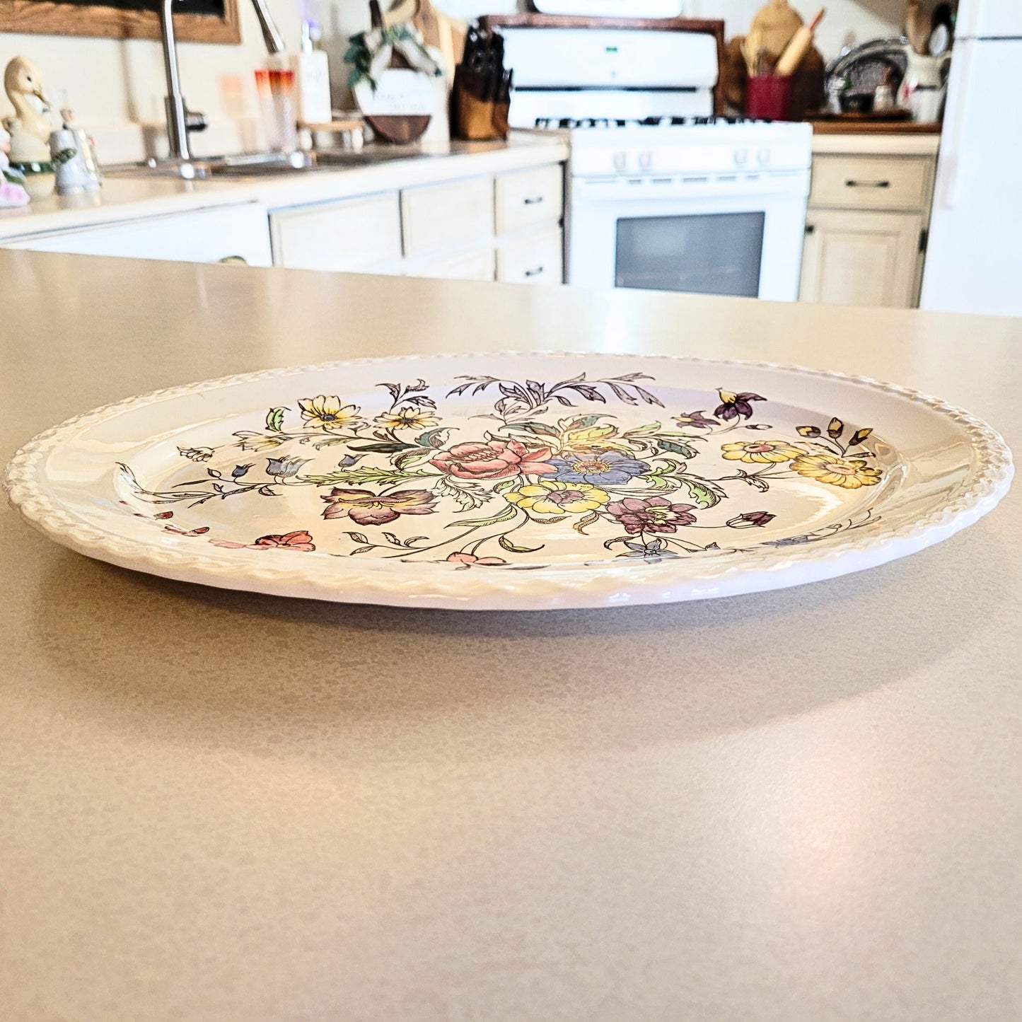 13" Hand Painted Vernon Kilns Oval Platter - MAY FLOWER - Made in USA - Pottery