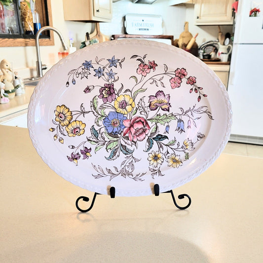 13" Hand Painted Vernon Kilns Oval Platter - MAY FLOWER - Made in USA - Pottery