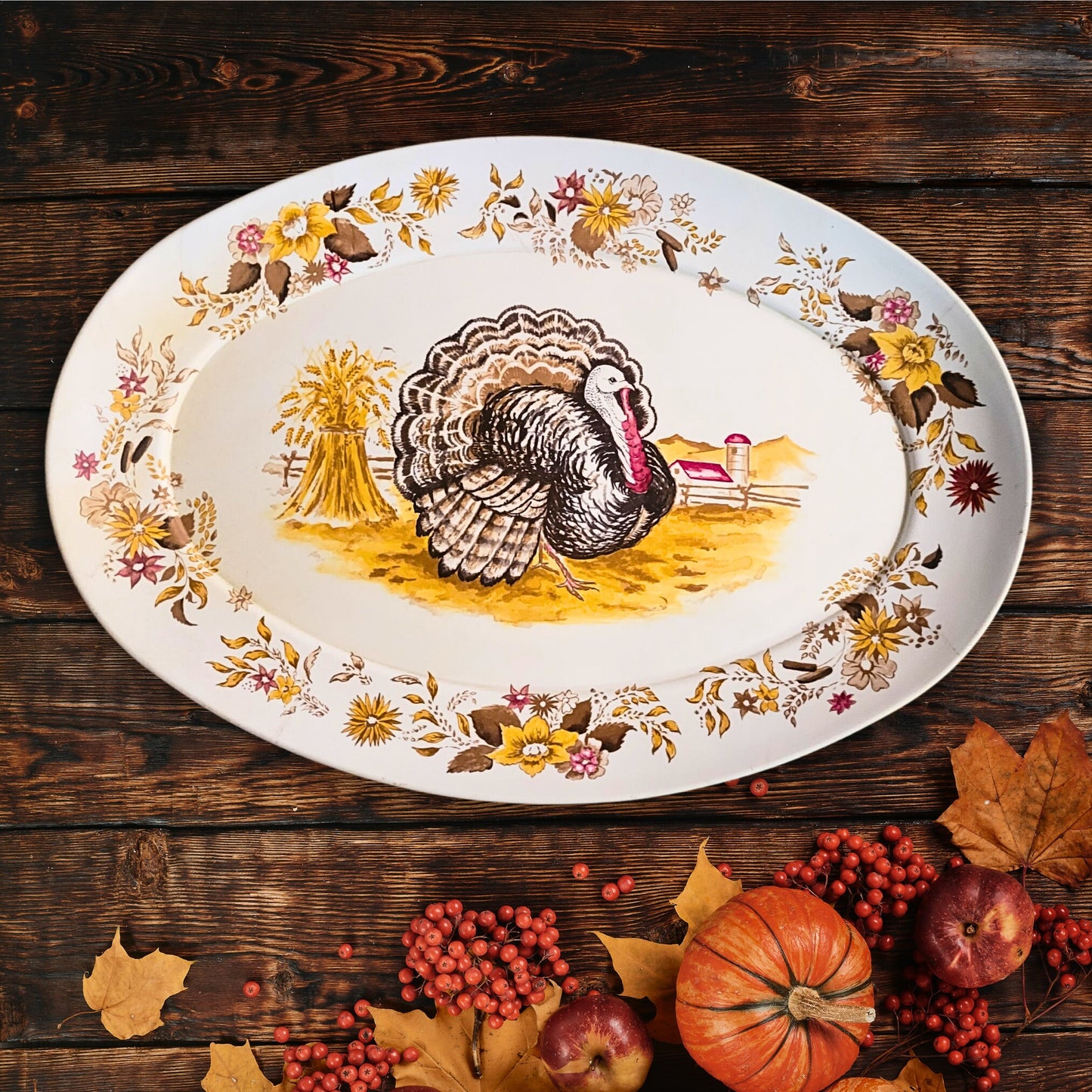 Vintage Melmac Turkey Platter: Apollo Ware Farm Scene Design