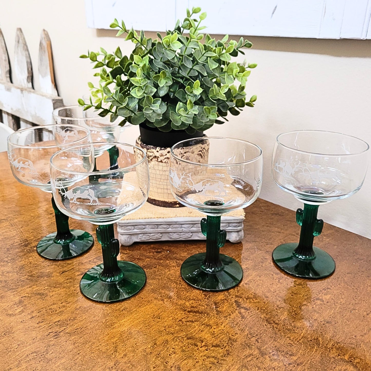Vintage Libbey Cactus Stem Margarita Glasses - Etched Elk, Set of 6