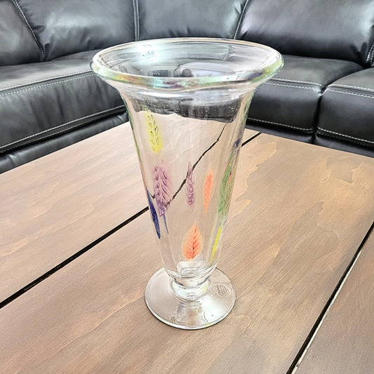 Vintage Handcrafted Dansk Burchetta 10" Vase - Multi-Colored Leaves/Feathers - Clear Vase