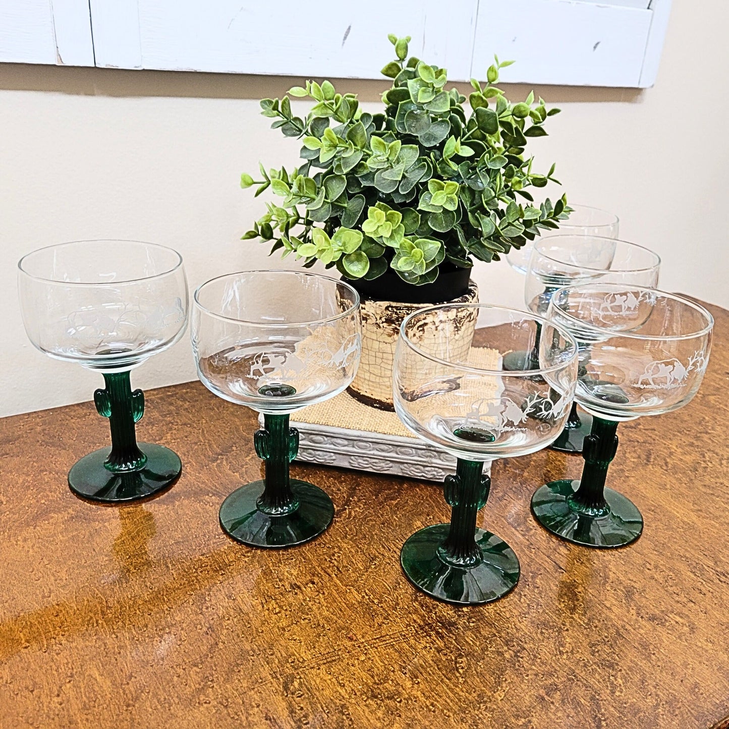 Vintage Libbey Cactus Stem Margarita Glasses - Etched Elk, Set of 6