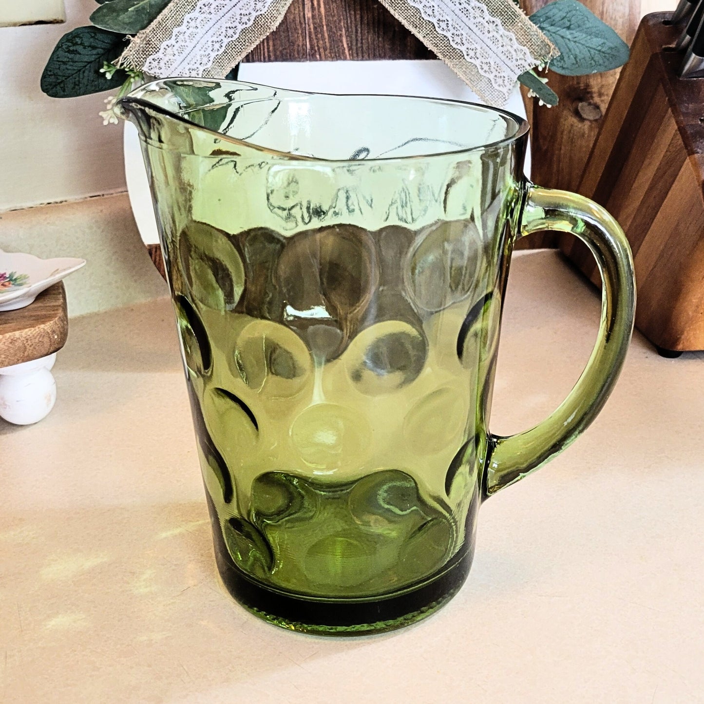 Vintage Hazel Atlas Emerald Green Glass Thumbprint Large Pitcher - 1960s