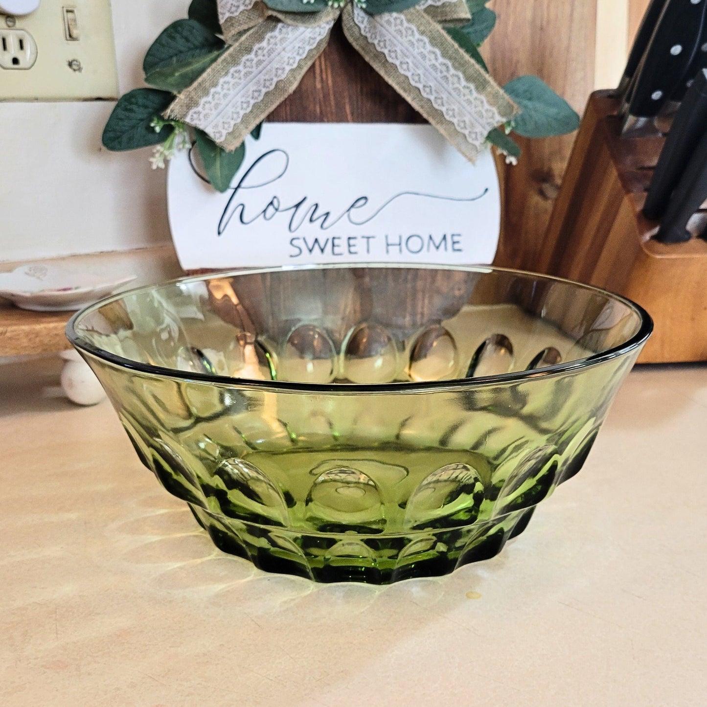 Vintage Hazel Atlas Emerald Green Glass Thumbprint Large Bowl - 1960s