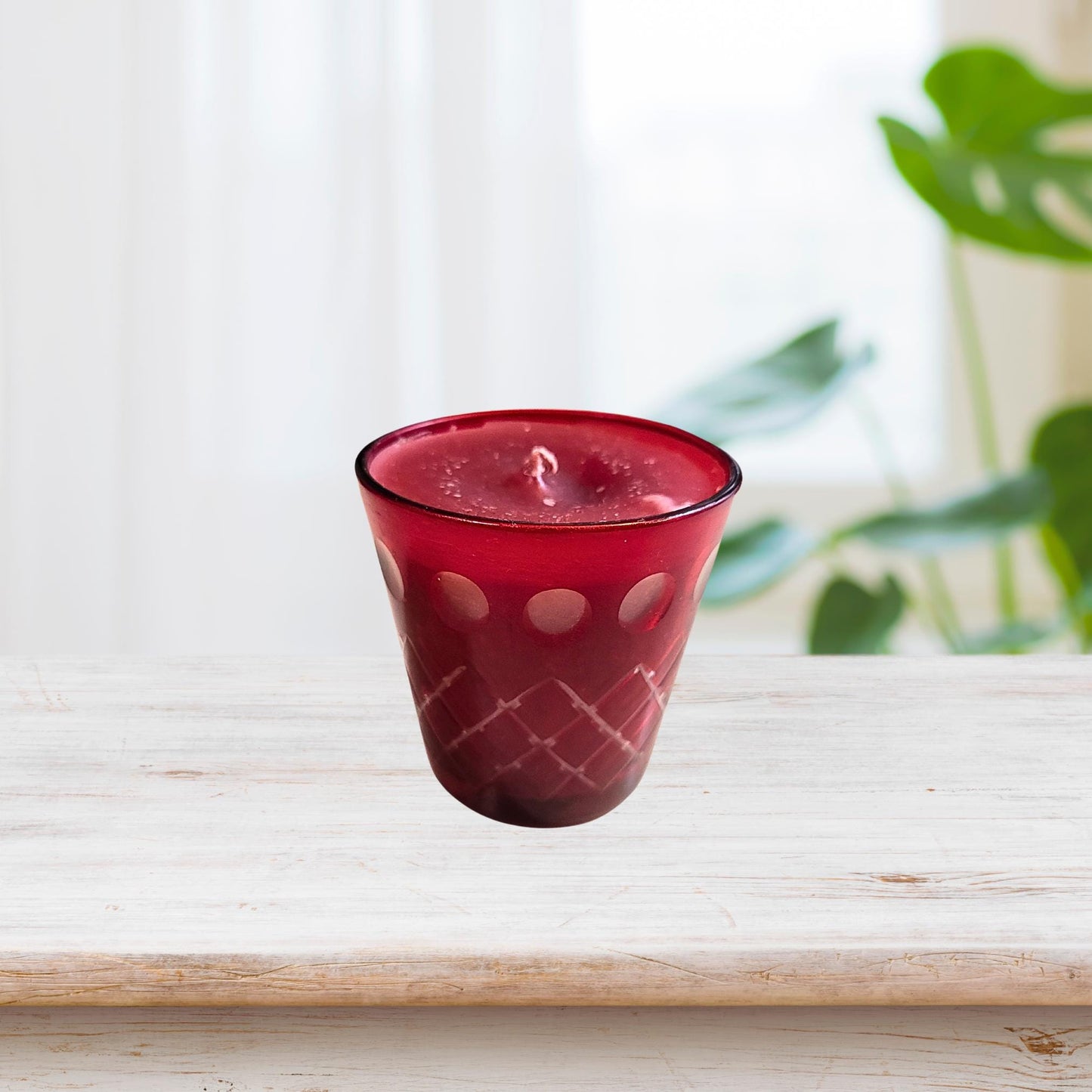 Vintage Czech Ruby Red Cut to Clear Glass Votive Candle Holder - BOHO Style