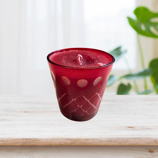 Vintage Czech Ruby Red Cut to Clear Glass Votive Candle Holder - BOHO Style