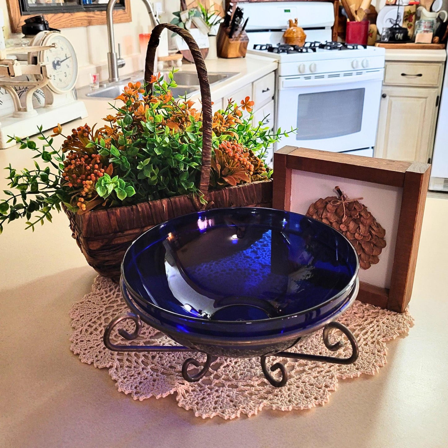 Colbalt Blue Glass Bowl with Metal Stand