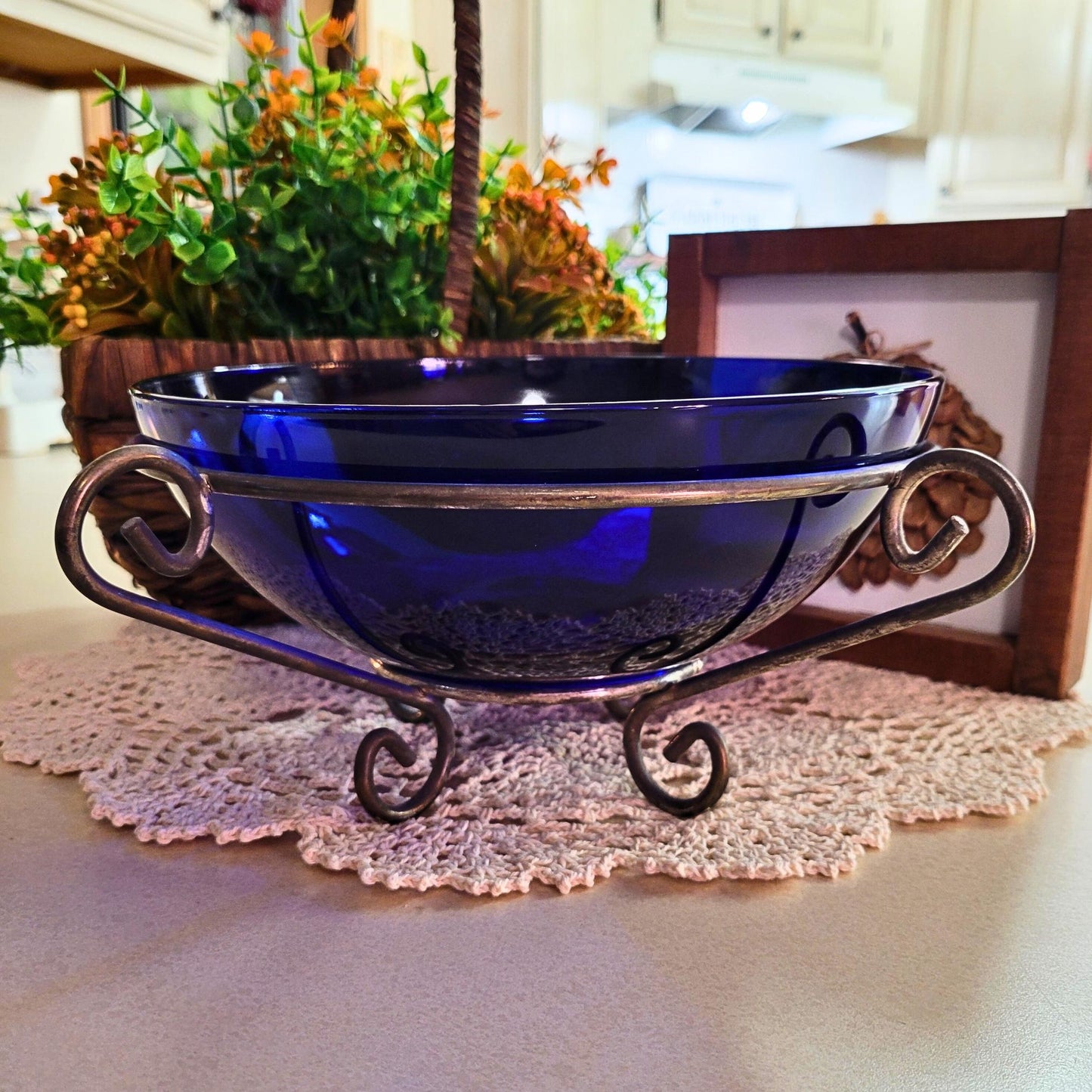 Colbalt Blue Glass Bowl with Metal Stand