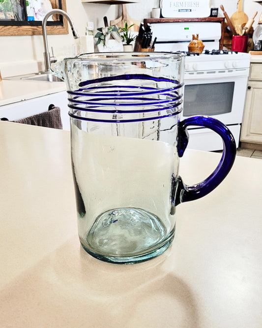 Vintage Mexico Hand Blown Art Glass Pticher w/Cobalt Blue Swirl and Handle