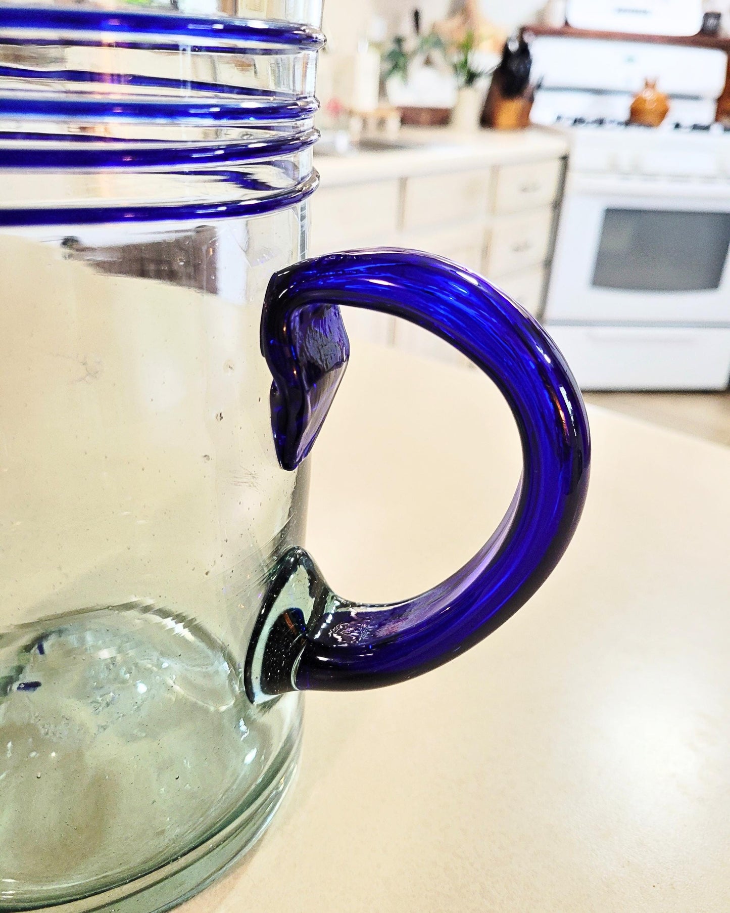 Vintage Mexico Hand Blown Art Glass Pticher w/Cobalt Blue Swirl and Handle