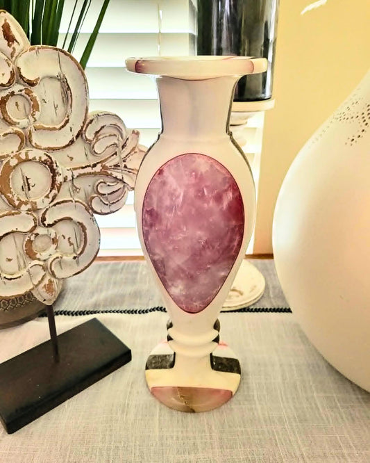 Carved Pink & White Onyx Vase - Solid Ston