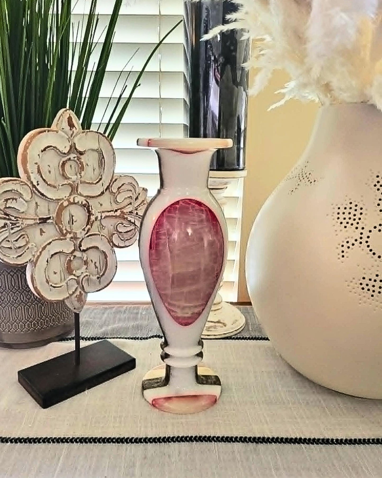 Carved Pink & White Onyx Vase - Solid Ston